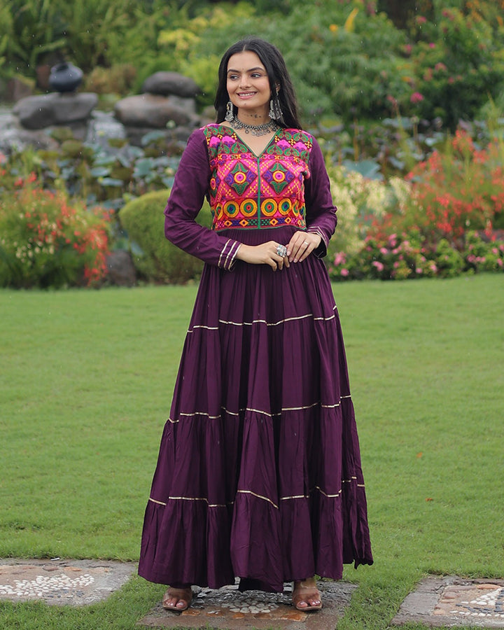 Designer Wine Flared Navratri Gown With Mirror Work Yoke