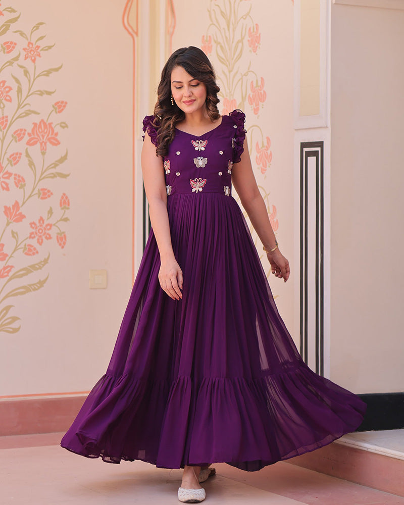 Designer Wine Color Faux Blooming Embroidered work Gown