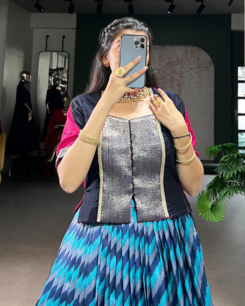 Firozi Color Tasar Silk Printed Zari Weaving Lehenga Choli