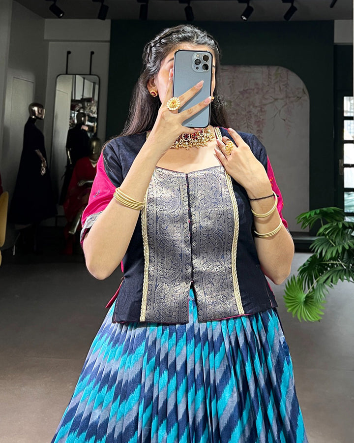 Firozi Color Tasar Silk Printed Zari Weaving Lehenga Choli