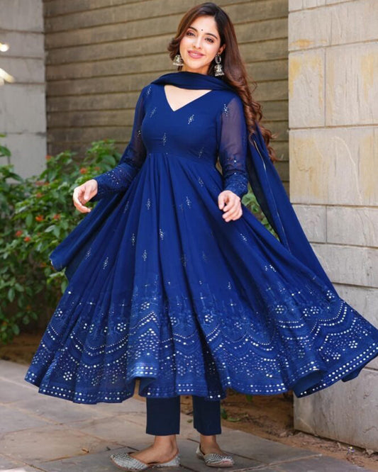 Royal Blue Color Pure Georgette Embroidered Gown