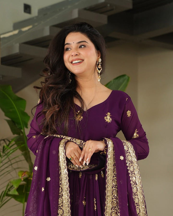 Purple Color Designer Blooming Embroidered Gown