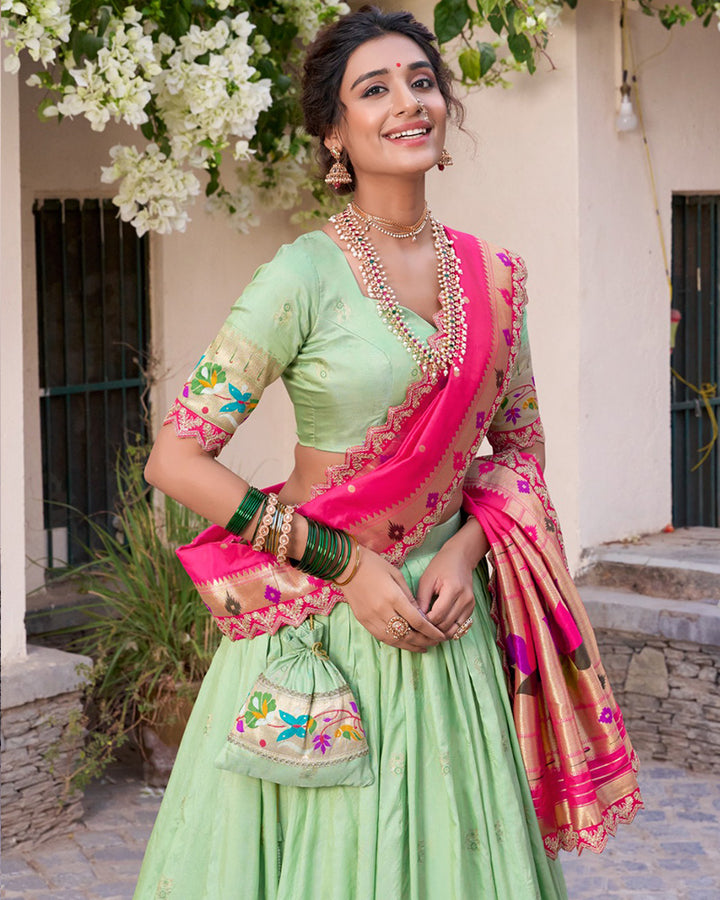 Pista Color Jacquard Silk Designer Lehenga Choli