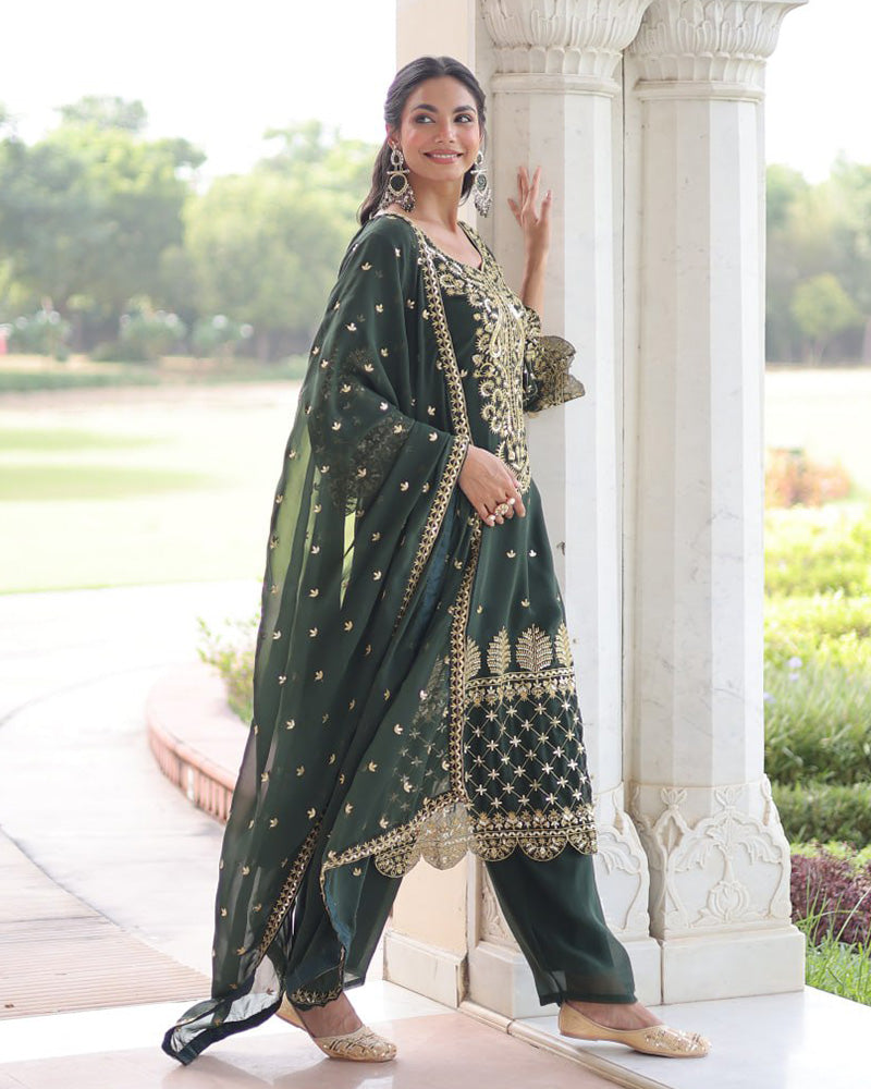 Mehndi Color Georgette Embroidered Three Piece Kurti Suit