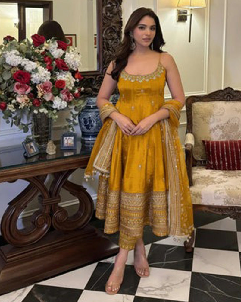 Yellow Color Vichitra Silk Embroidered Anarkali Suit