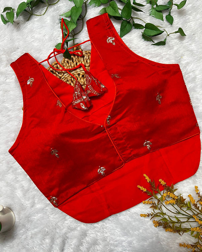 Orange Color Vichitra Silk Embroidered Blouse