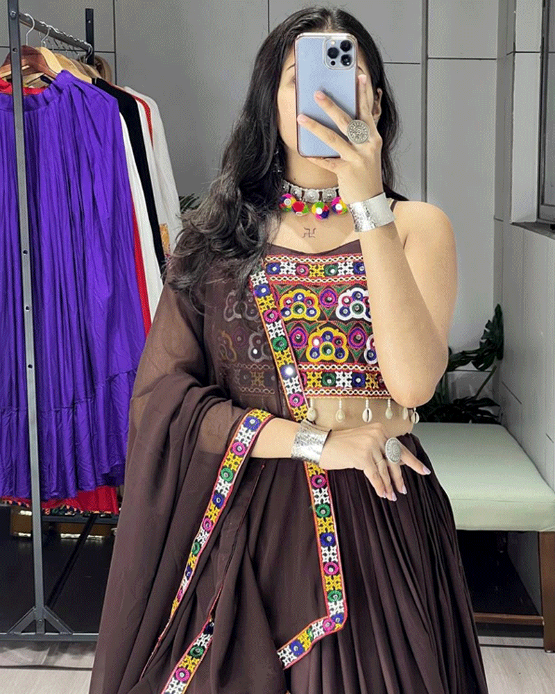 Chocolate Brown Color Rayon Cotton Navratri Lehenga Choli