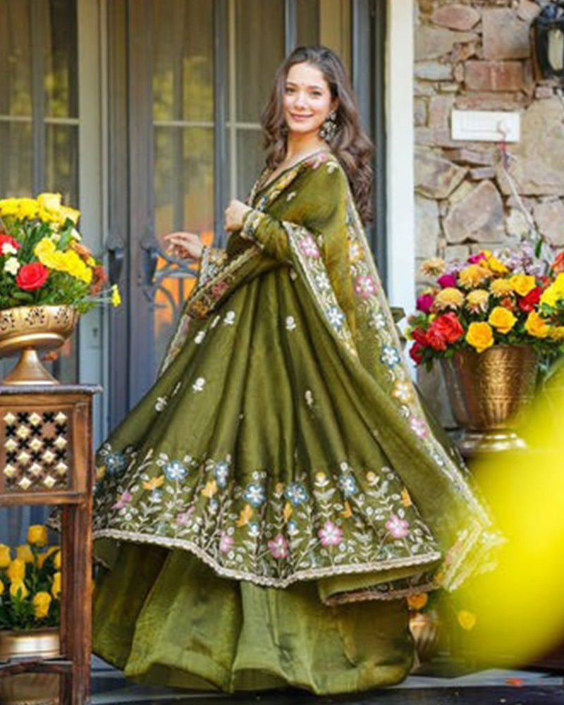 Mehndi Color Crunchy Silk Embroidered Sharara Suit