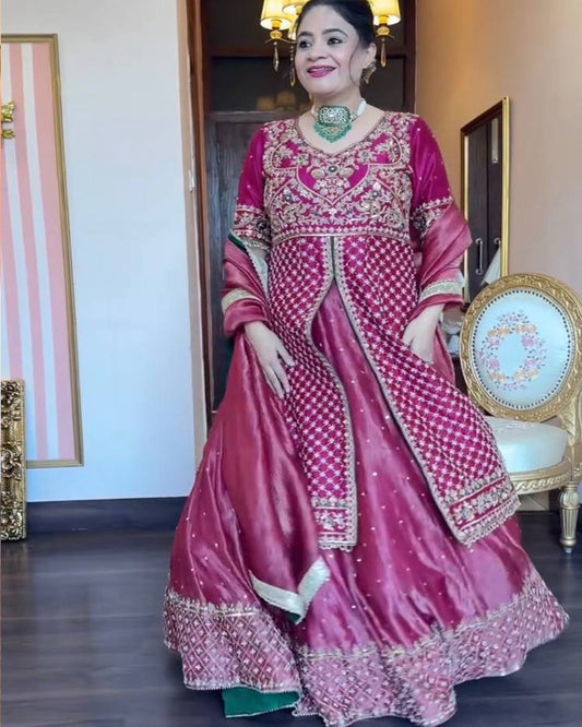 Magenta Pink Color Chinon Silk Embroidered Lehenga Choli