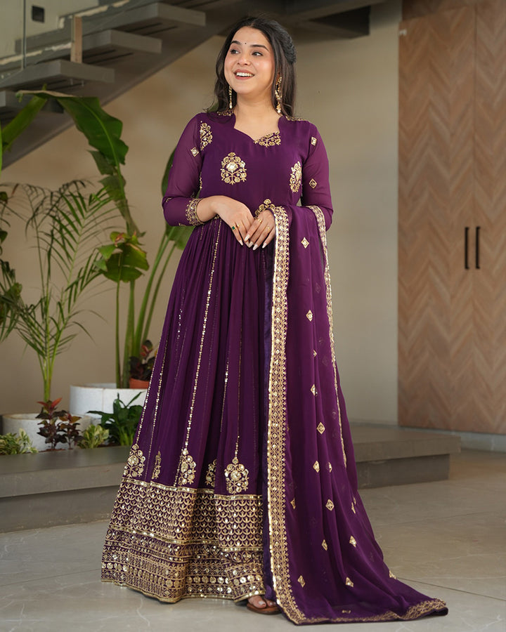 Royal Purple Color Faux Blooming Gown With Embroidered Dupatta