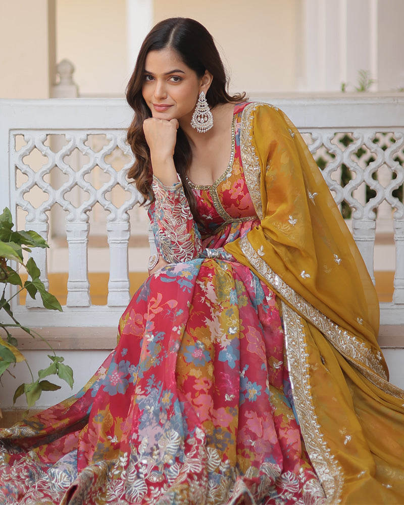 Off White Floral Soft Georgette Three Piece Anarkali Suit