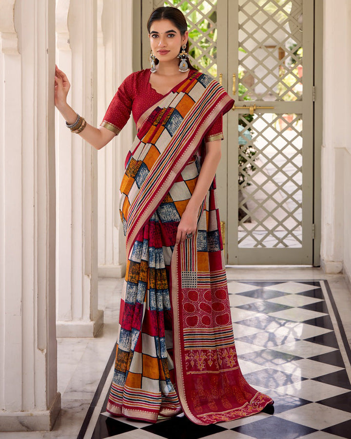 Maroon Color Polyester Chanderi Printed Saree