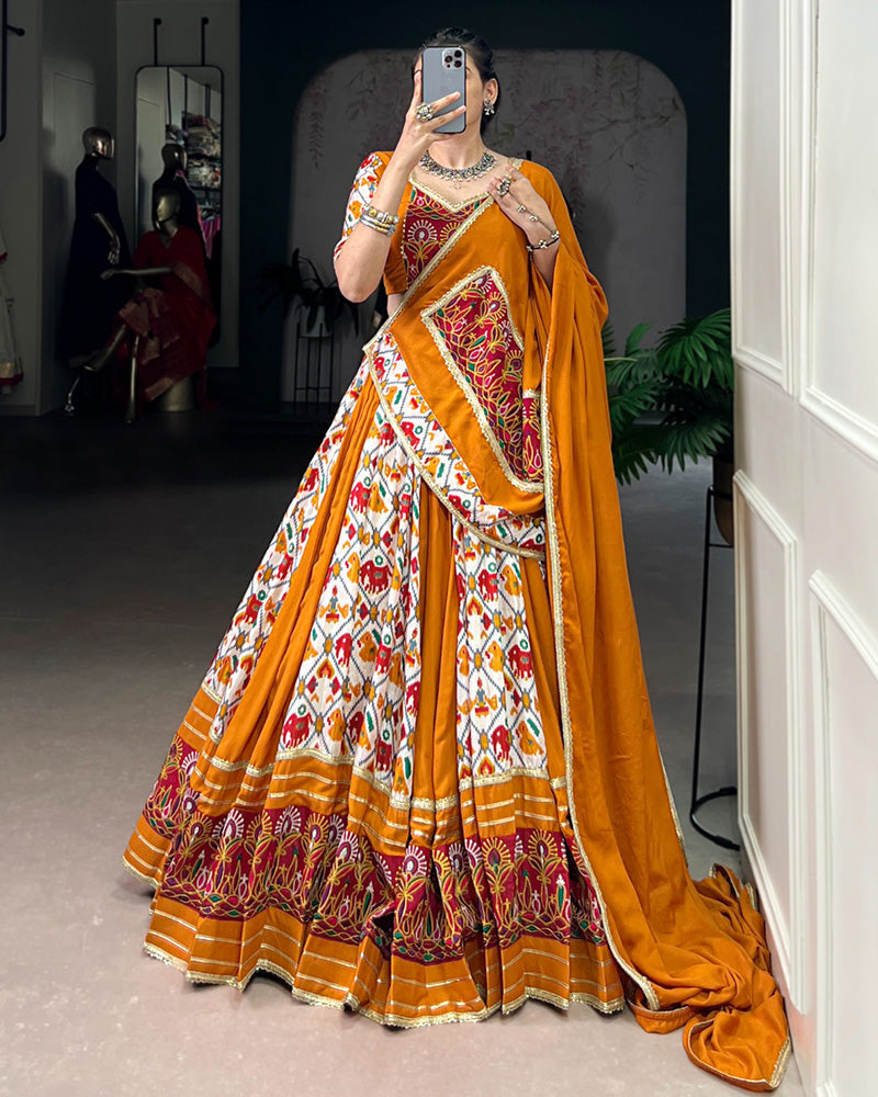 Mustard Color Rayon Printed Gamthi Work Navratri Lehenga Choli