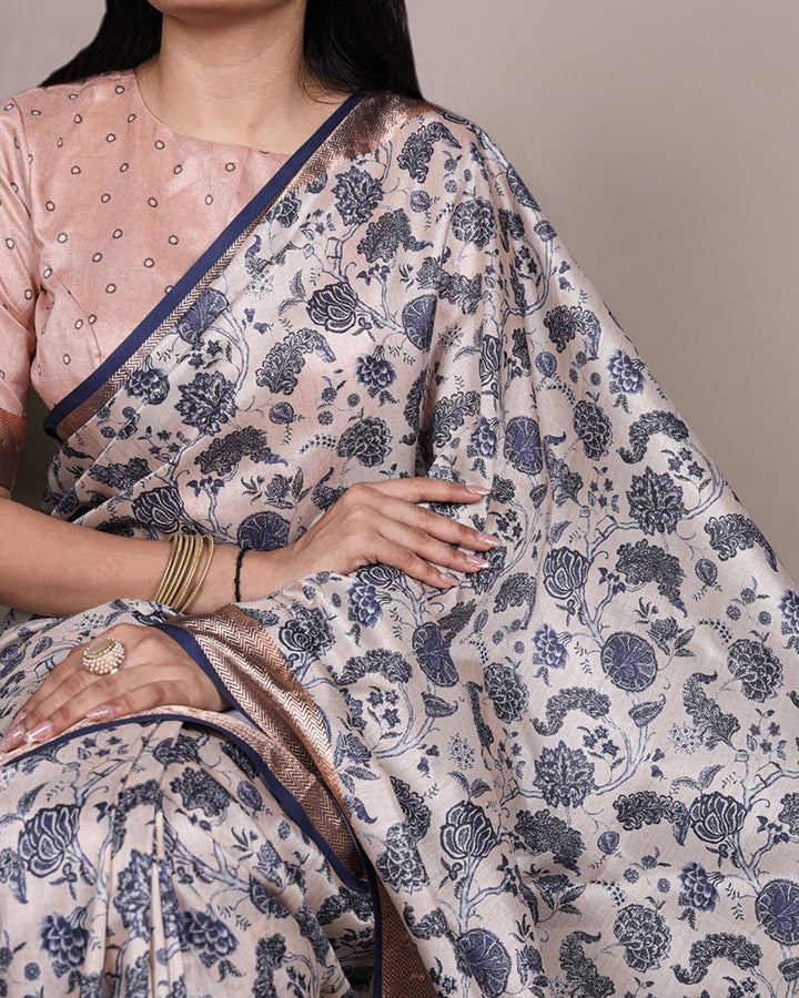 Off White Color Designer Tasar Silk Printed Saree