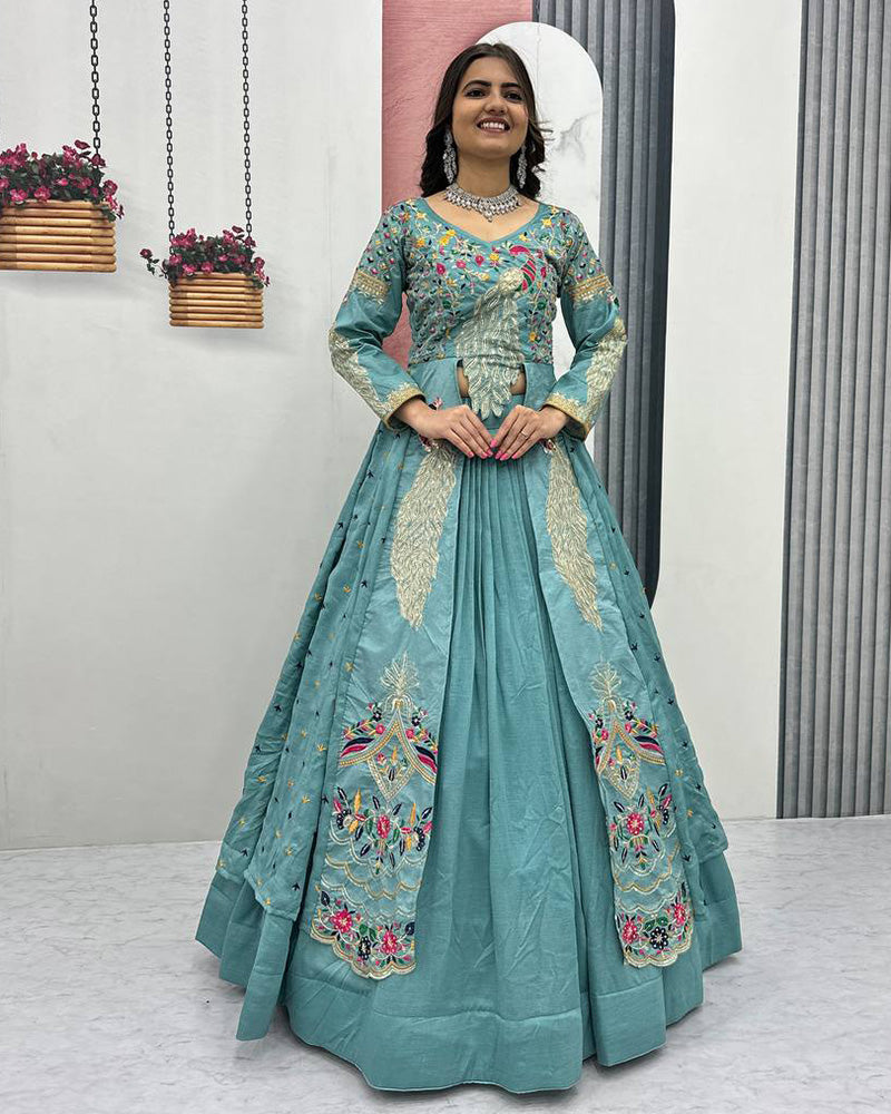 Peacock Vichitra Silk Sequence Embroidered lehenga Choli