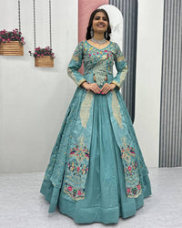 Peacock Vichitra Silk Sequence Embroidered lehenga Choli