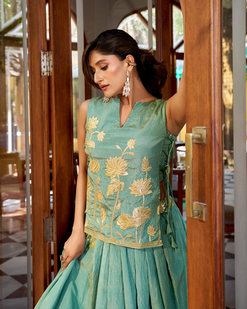 Sky Blue Color Pure Shimmer Embroidered Lehenga Choli