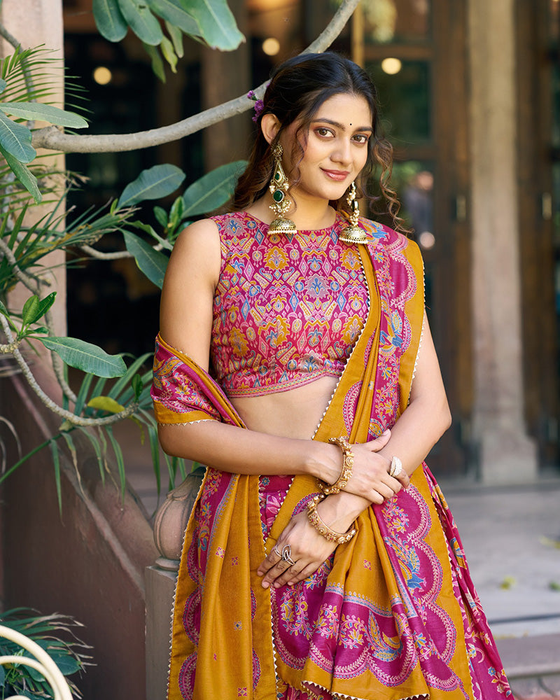 Pink Color Tasar Silk Foil Printed Lehenga Choli