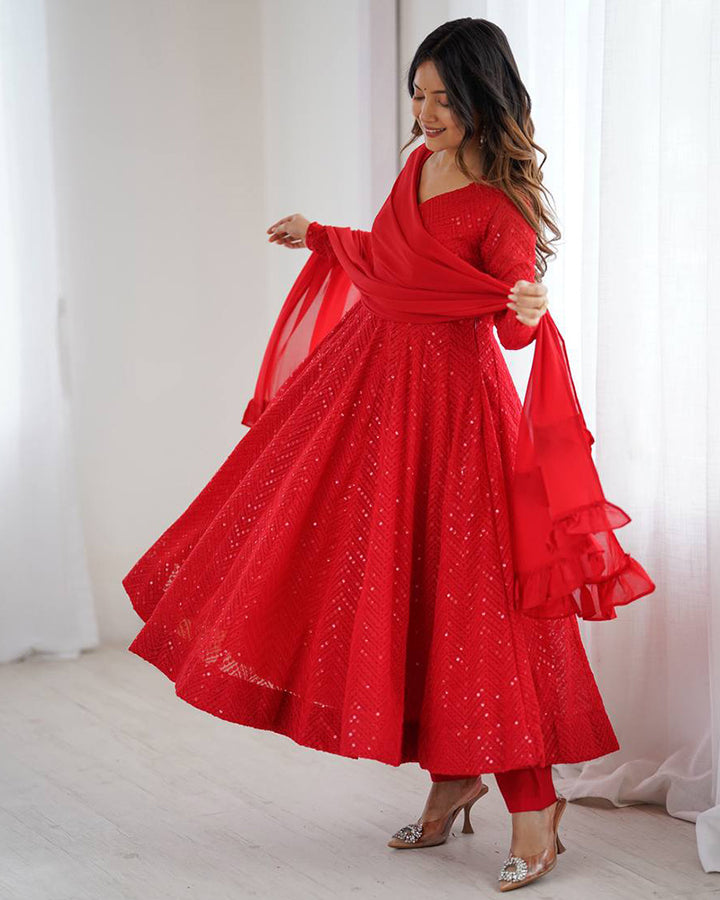 Red Color Soft Georgette Embroidered Lucknowi Anarkali Suit
