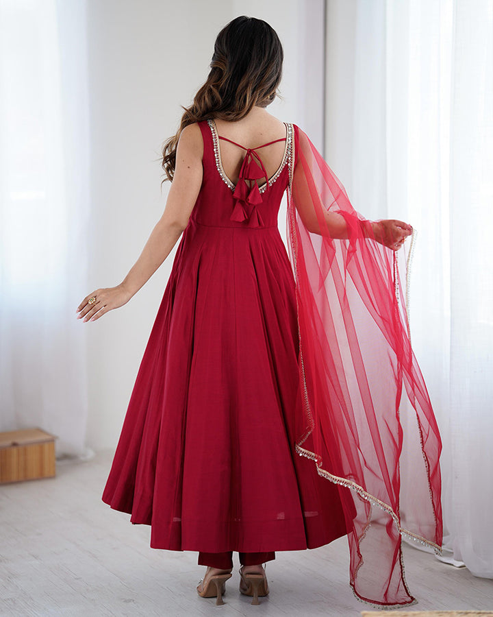 Designer Maroon Color Roman Chanderi Silk Anarkali Suit