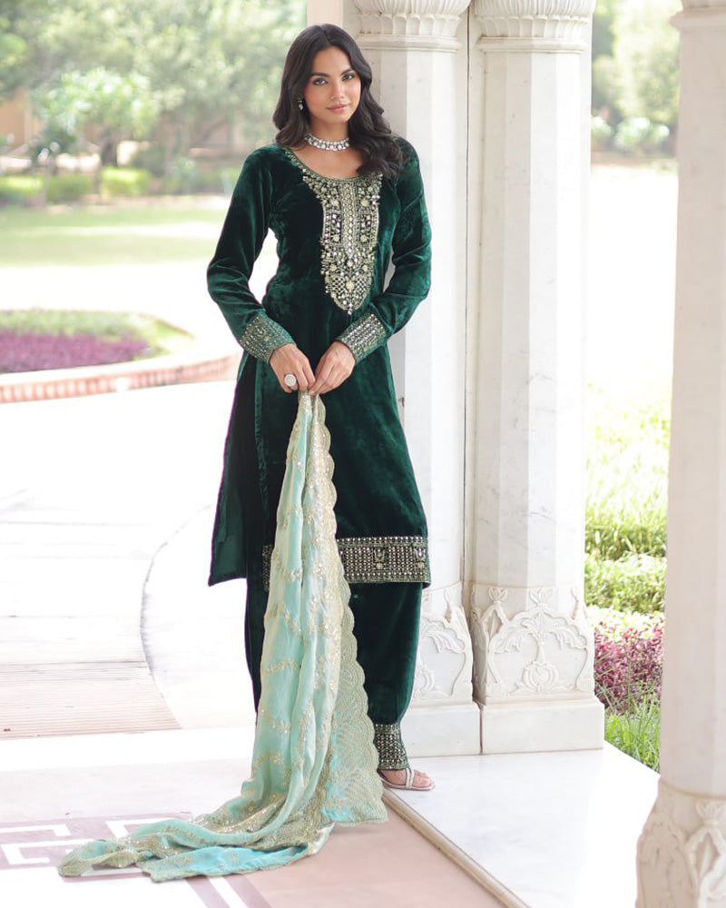 Green Color Velvet Three Piece Kurti Suit