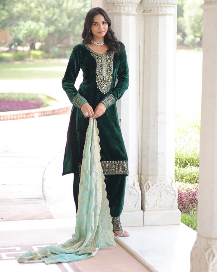 Green Color Velvet Three Piece Kurti Suit