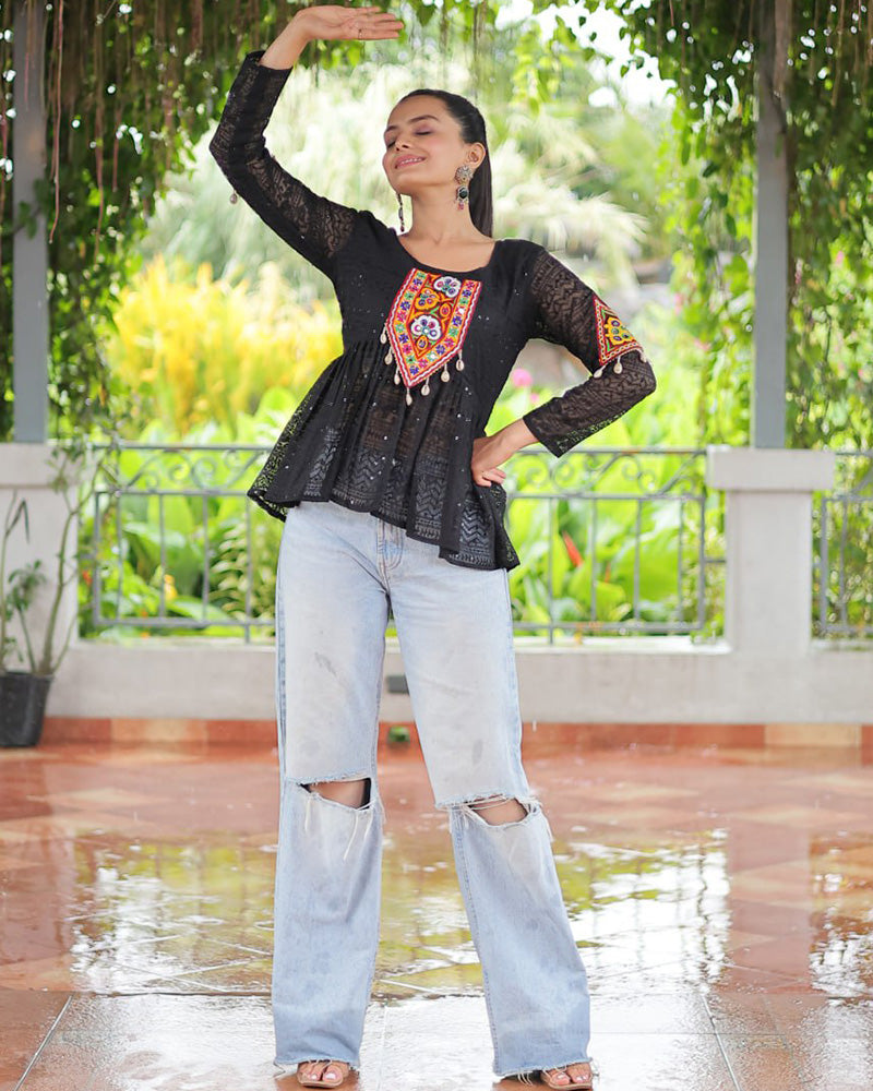 Black Color Georgette Lucknowi Work Navratri Kediya