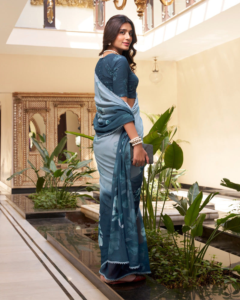 Designer Bottle Green Color Weightless Marble Printed Saree