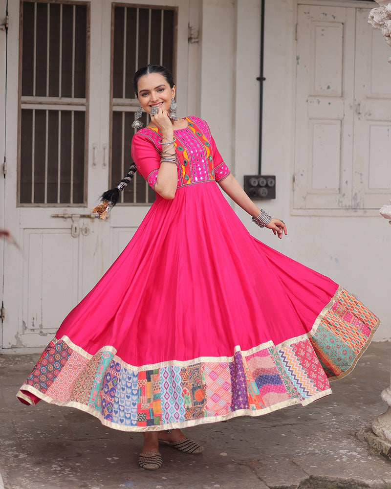 Vibrant Pink Color Ethnic Gamthi Work Navratri Gown