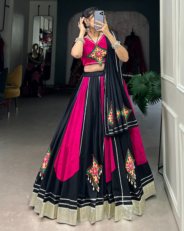 Pink And Black Color Cotton Gamthi Navratri Lehenga Choli