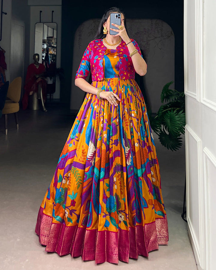 Mustard Color Tasar Silk Printed Gown With Koti