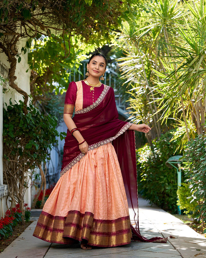 Designer Peach Color Zari Chex Lehenga Choli