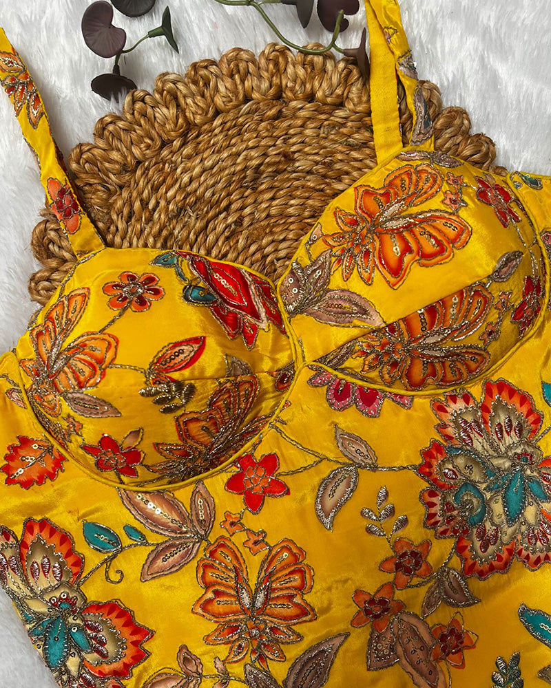 Yellow Color Rumali Silk Embroidered Spaghetti Blouse