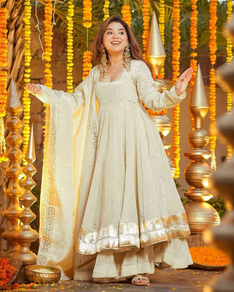 Cream Color Chinnon Silk Mukaish Work Plazzo Suit