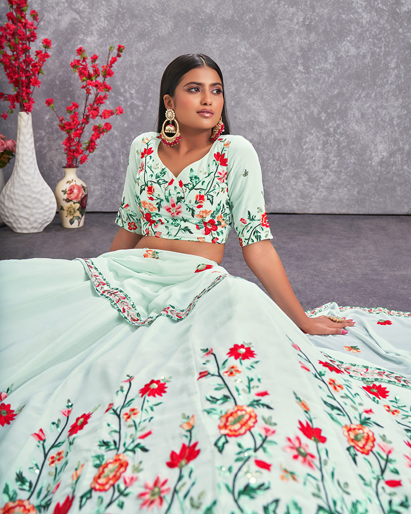 Sea Green Color Thread And Embroidered Georgette Lehenga Choli