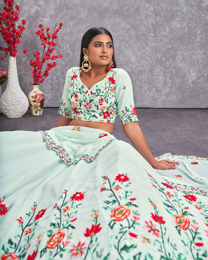 Sea Green Color Thread And Embroidered Georgette Lehenga Choli