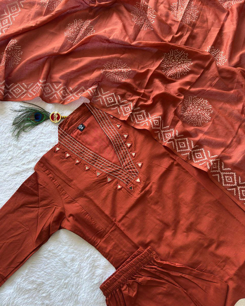 Rust Orange Color Pure Cotton Three Piece Kurti Suit