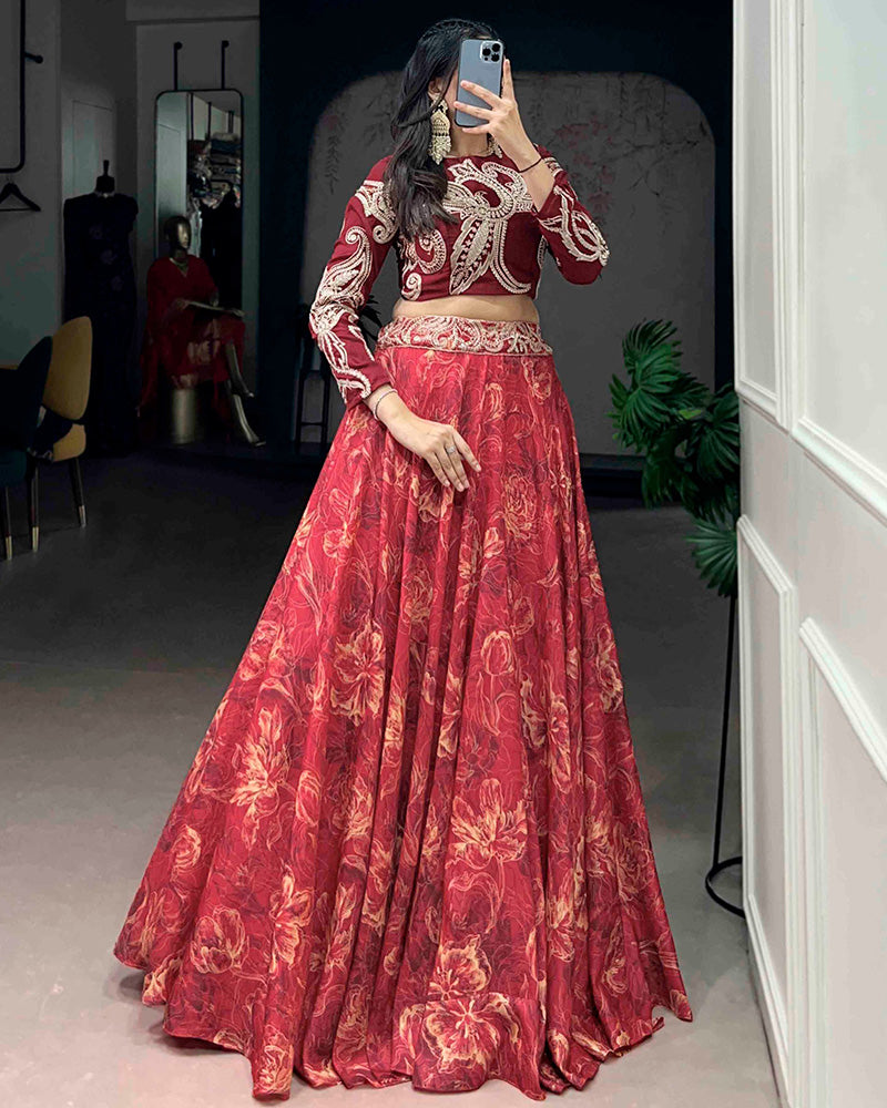 Red Color Tasar Silk Printed Embroidered Lehenga Choli