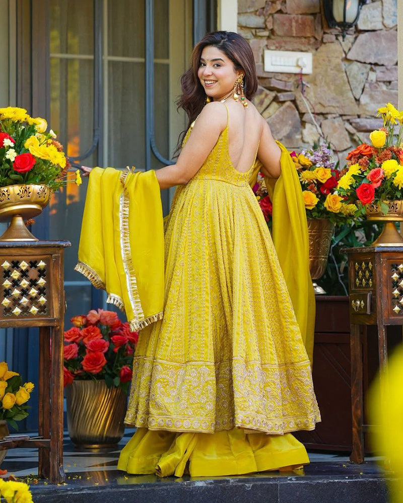 Yellow Color Tebby Organza Embroidered Sharara Suit