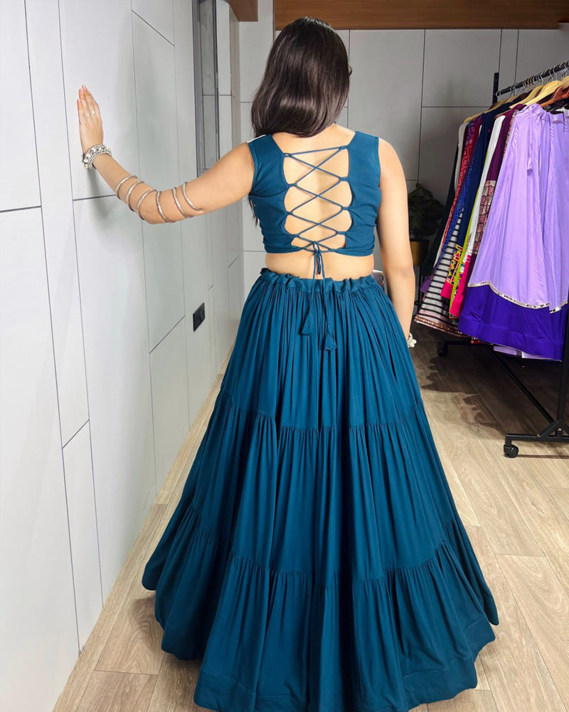 Traditional Rama Color Frilled Style Navratri Lehenga