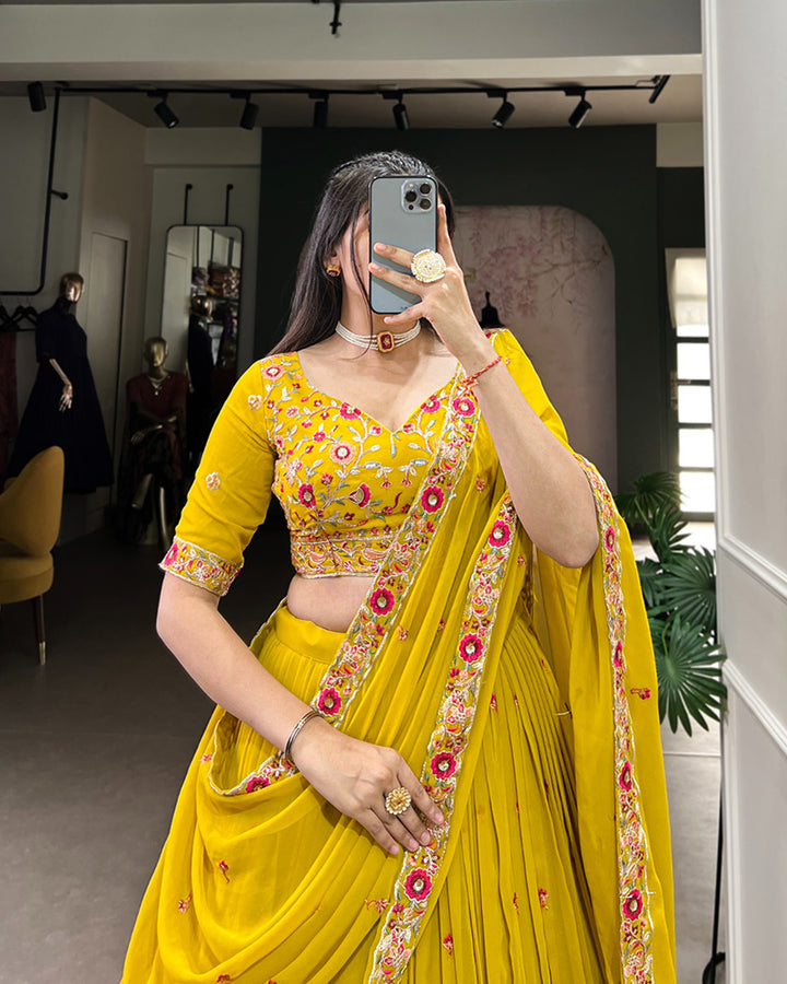 Designer Yellow Color Star Georgette Lehenga Choli