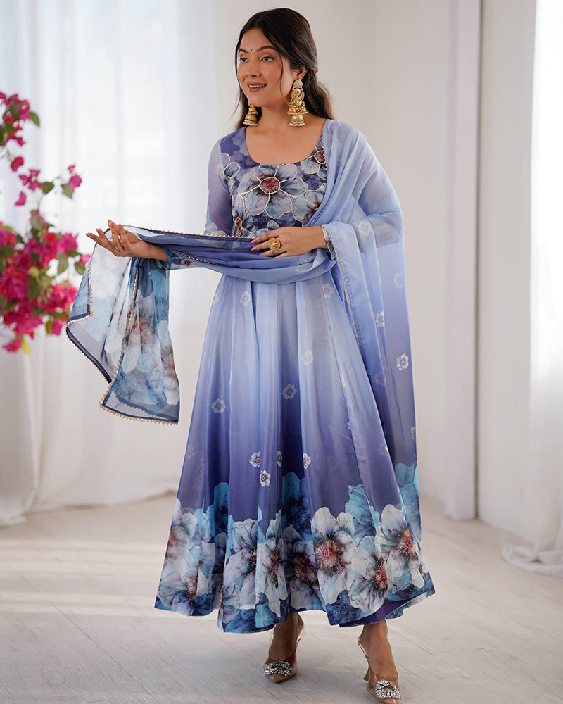 Navy Blue Color Digital Printed Organza Anarkali Suit