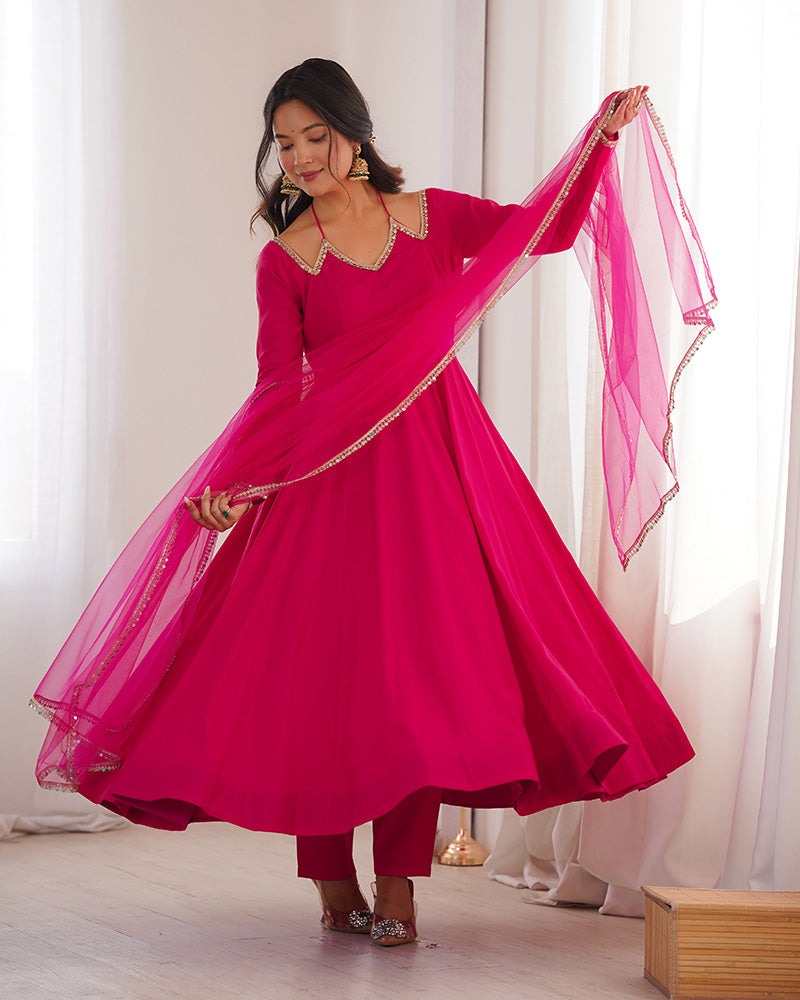 Rabi Pink Color Chanderi Roman Silk Three Piece Anarkali Suit