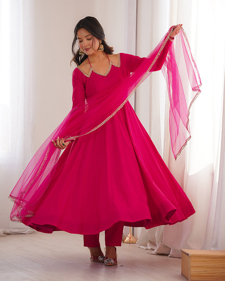 Rabi Pink Color Chanderi Roman Silk Three Piece Anarkali Suit