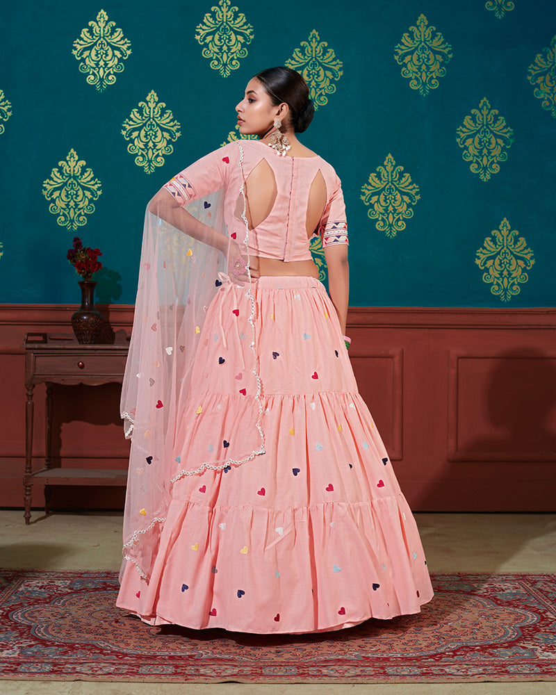 Peach Color Cotton Thread Embroidered Lehenga Choli