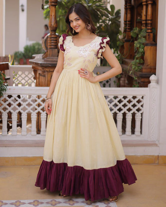 Off-White Color Pure Soft Cotton Embroidered Gown