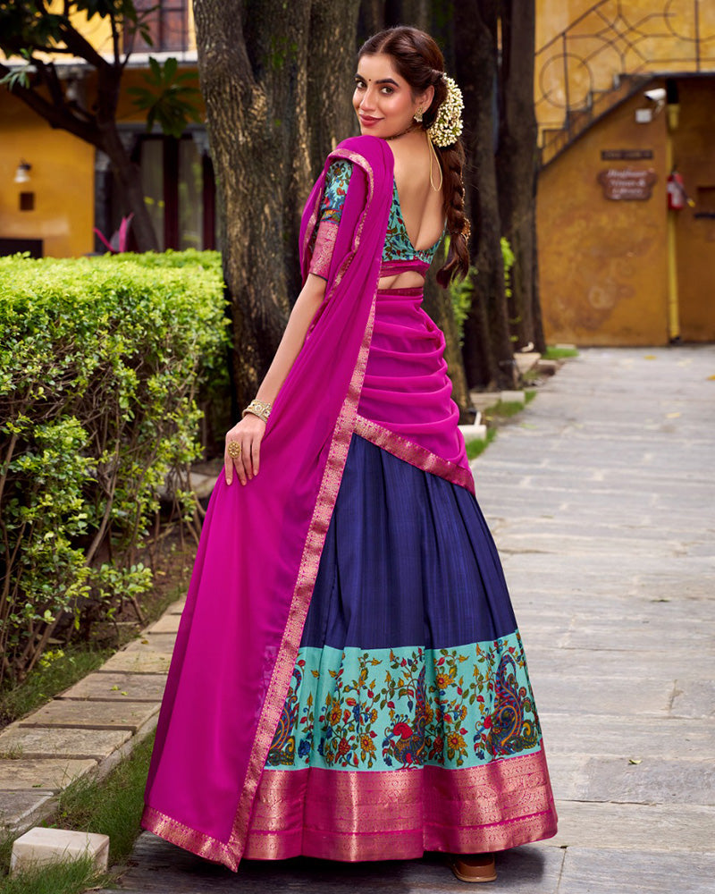 Navy Blue Color Aastha Silk Printed Half Saree