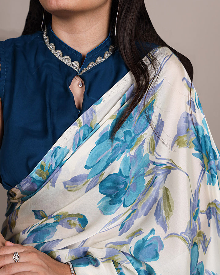Sky Blue Color Satin Silk Floral Printed Saree