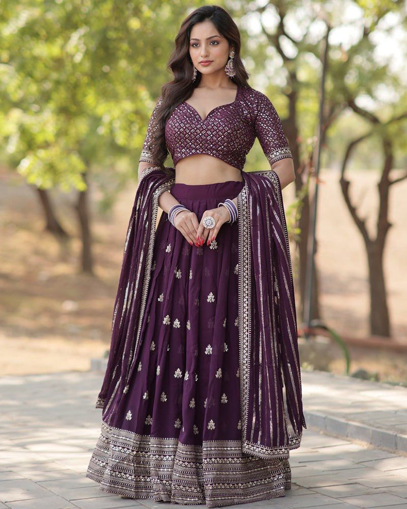 Designer Wine Color Georgette Lehenga Choli With Embroidered Dupatta