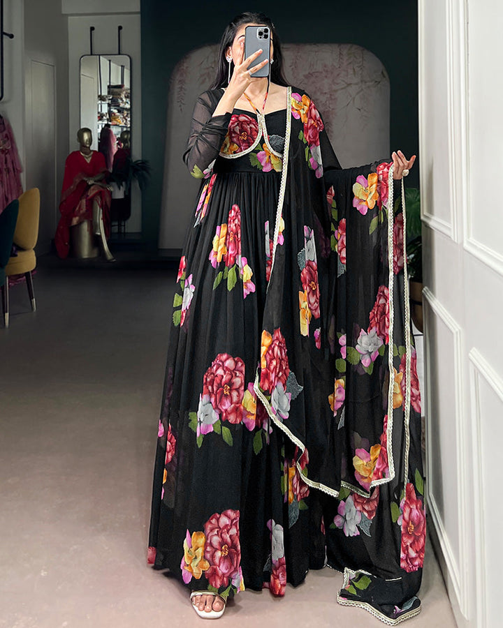 Black Color All Over Floral Printed Chiffon Gown